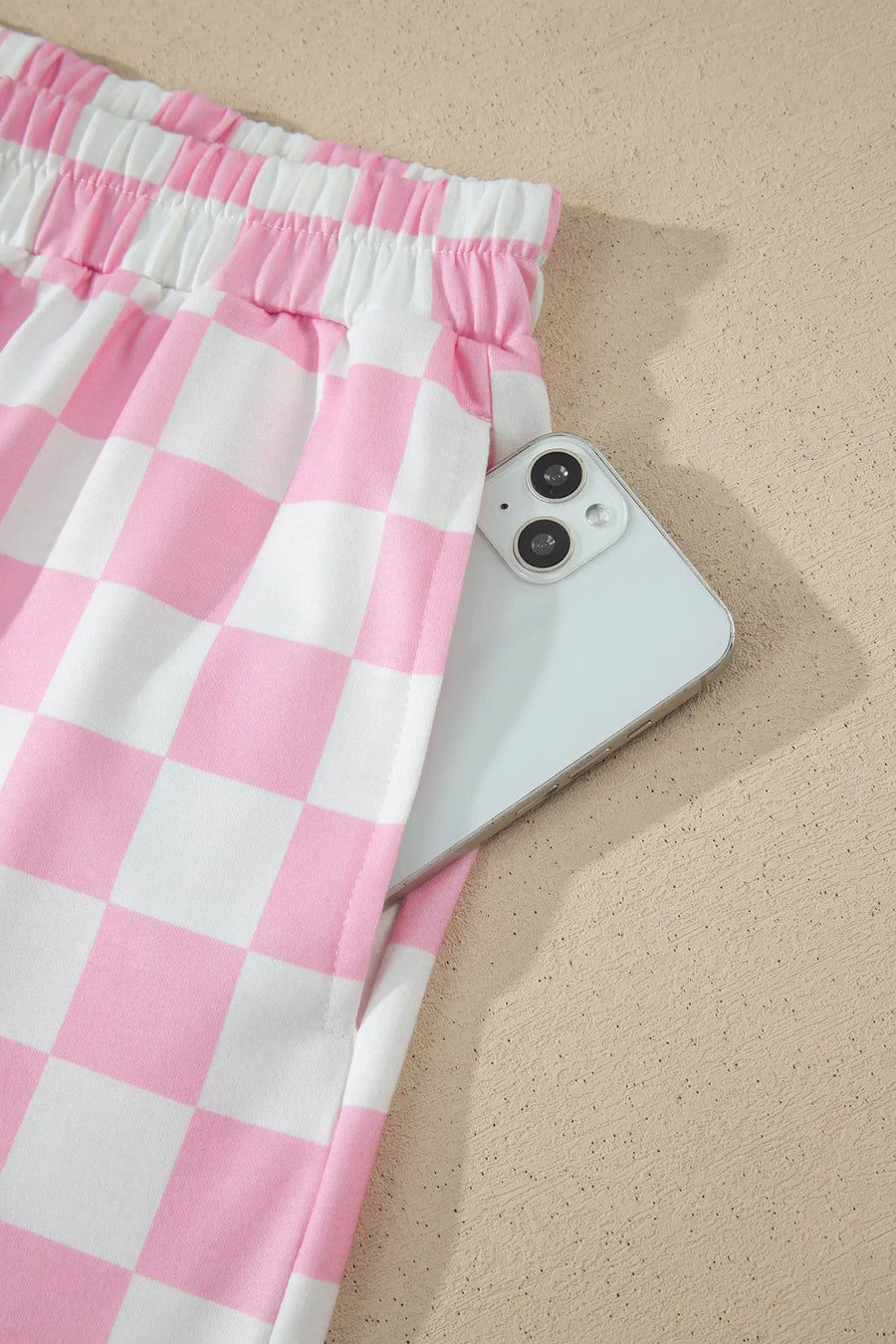 Checkered colour block trim mock neck short set outfit sets