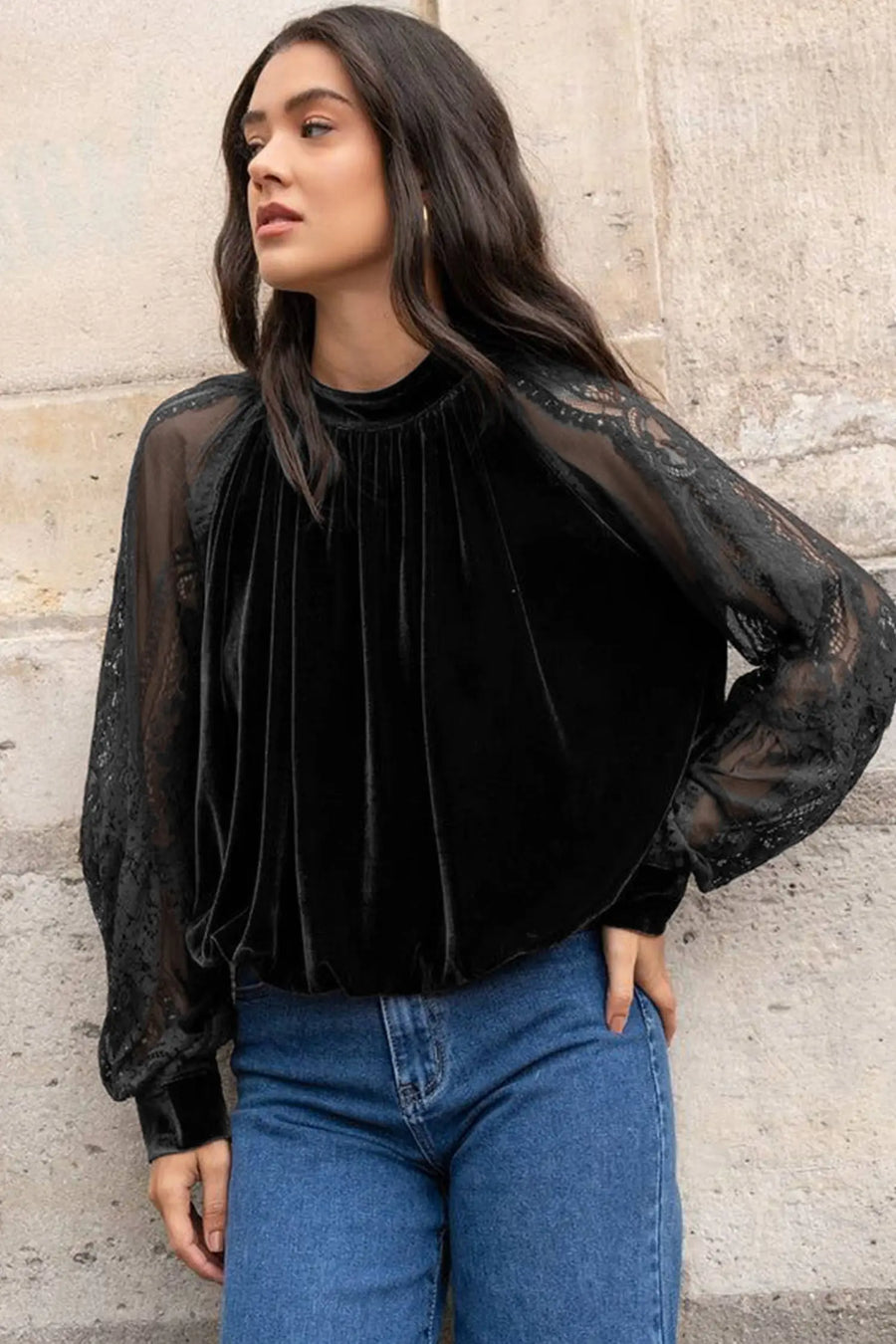 Sheer Lace Velvet Patchwork Stand Neck Blouse Women UK