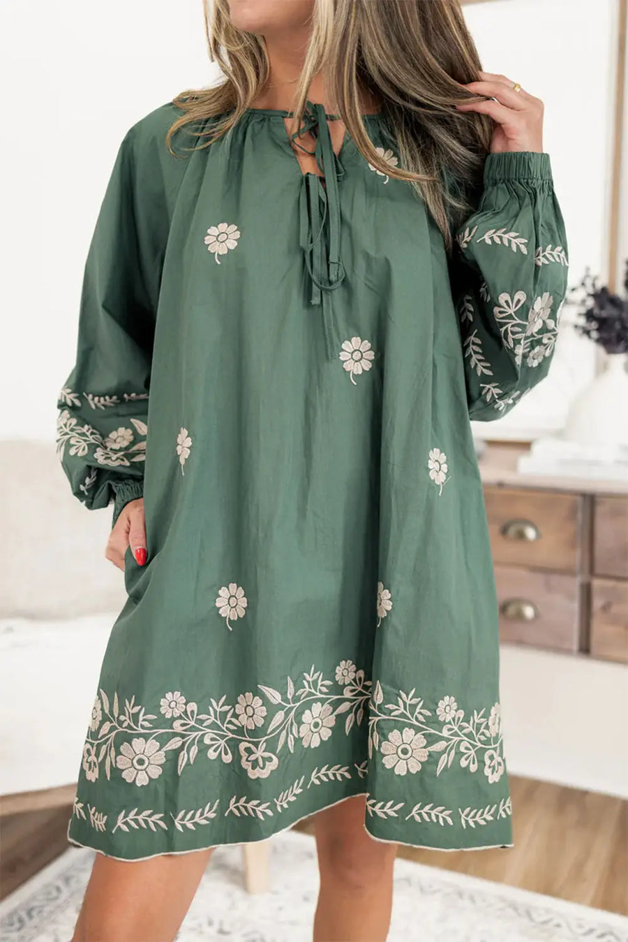 Mist Green Tie Neck Puff Sleeve Boho Floral Shift Dress Women UK
