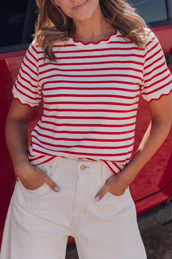 Scalloped trim stripe cotton t-shirt round neck short sleeve t-shirts