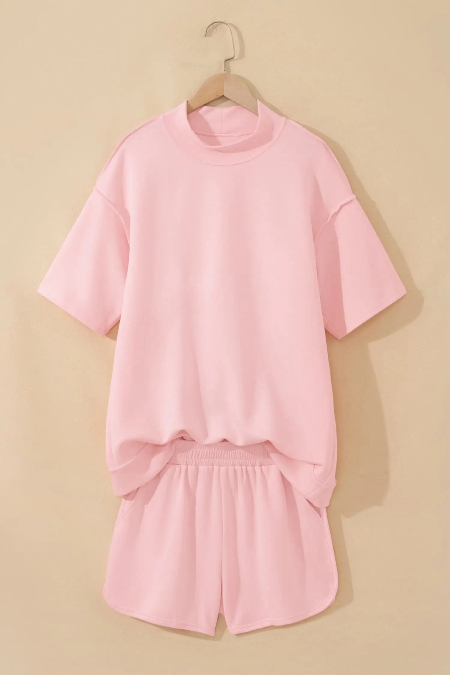 Exposed seam mock neck oversized tee shorts two piece set pockets outfit sets