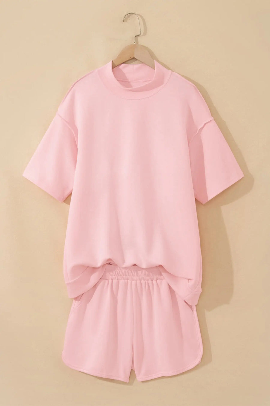 Exposed seam mock neck oversized tee shorts two piece set pockets outfit sets