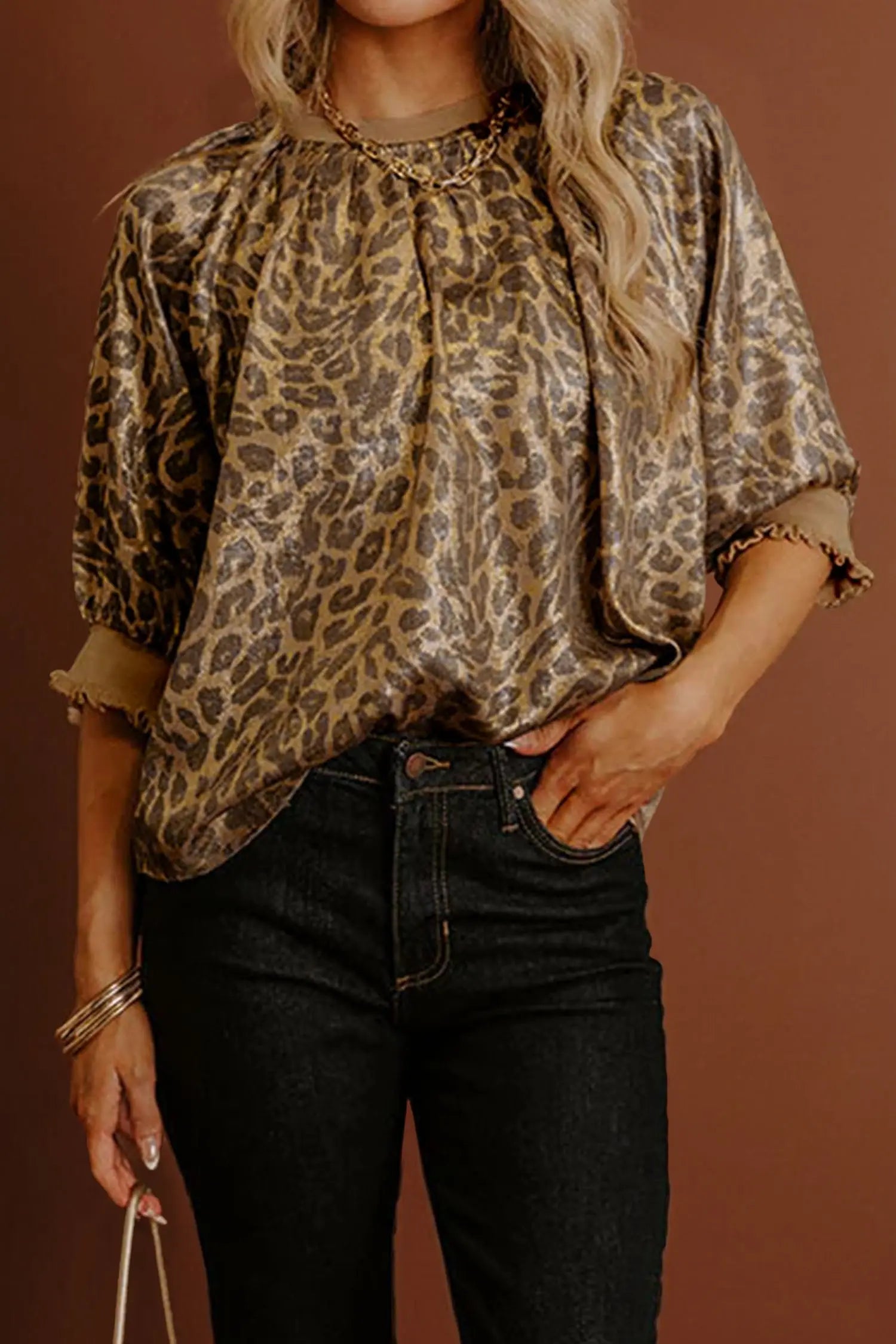 Gold metallic leopard blouse — side view, relaxed shift silhouette | Fashionfitz