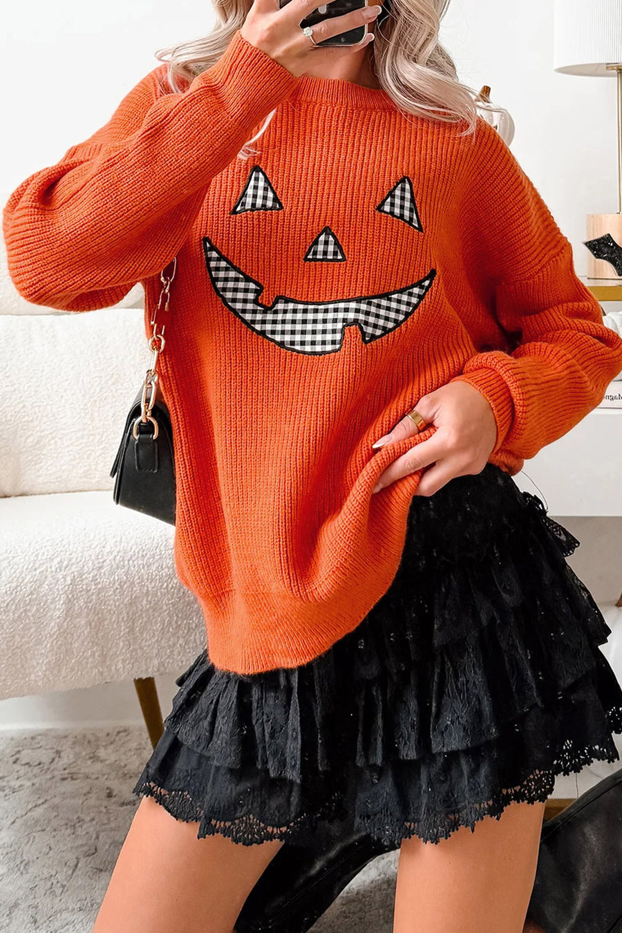 Halloween Drop Shoulder Round Neck Sweater