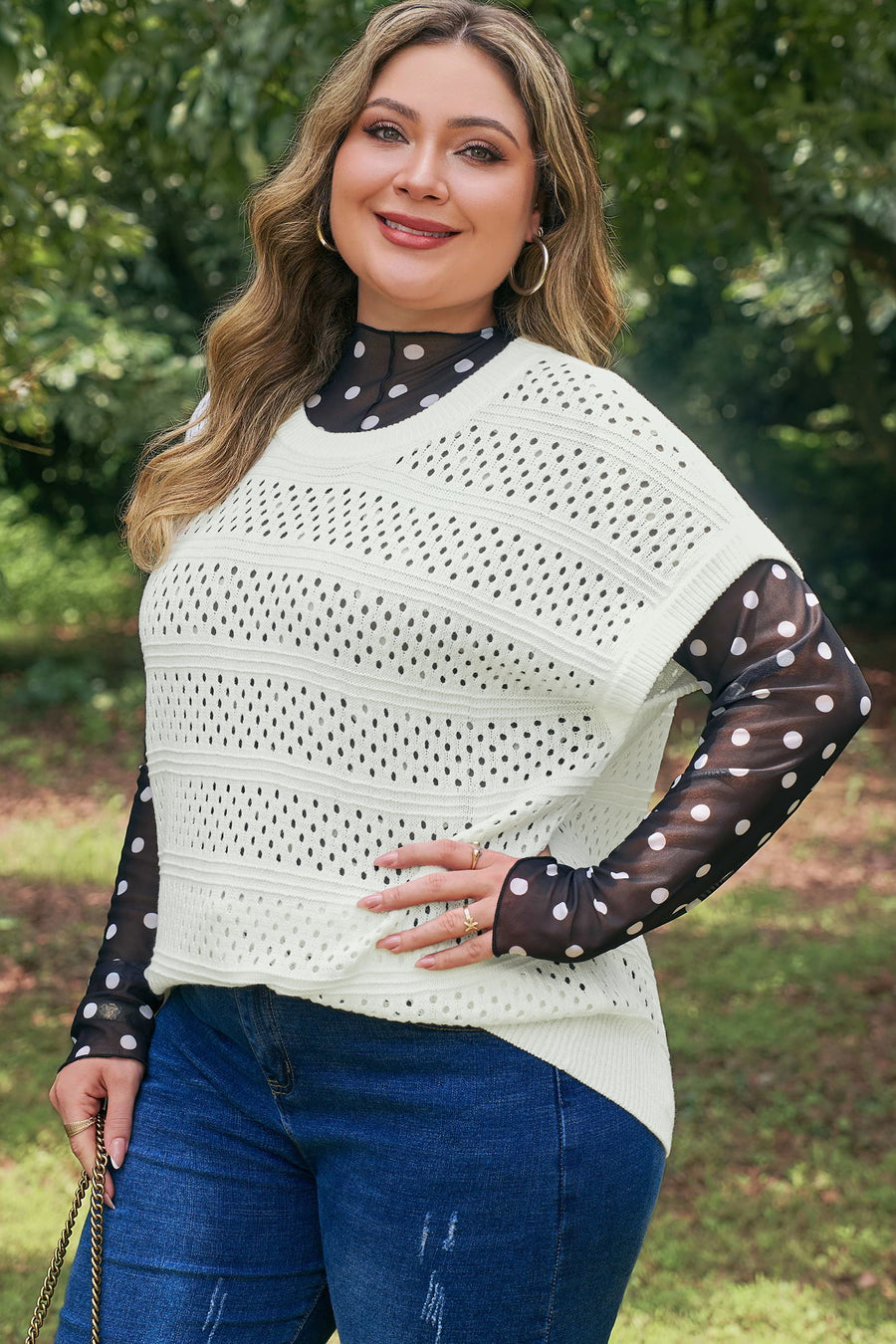 Plus Size Eyelet Hollow Out Knit Short Sleeve Sweater Ribbed Trim White — styled flat lay | Fashionfitz UK