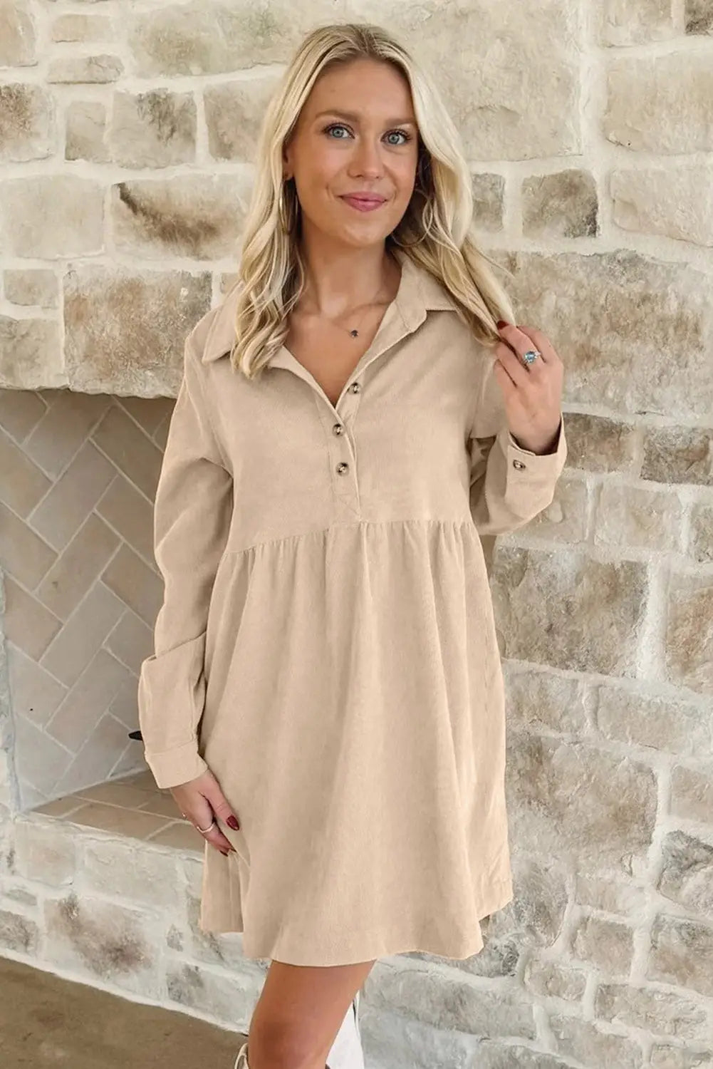 Corduroy mini dress half button collar long sleeve a-line women uk | fashionfitz