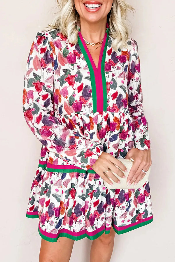 Purple Floral Contrast Striped Detail Long Sleeve Mini Dress Women UK — back view
