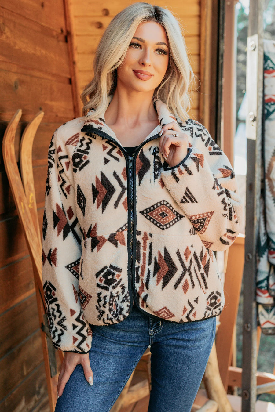 Beige Geometric Print Long Sleeve Shirt Collar Zip-up Placket Binding Tape Jacket