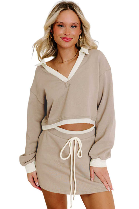 Cropped Top Drawstring Skirt Set