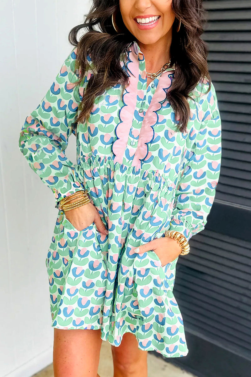 Green Floral Scalloped Notched Neck Long Sleeve Mini Dress Women UK