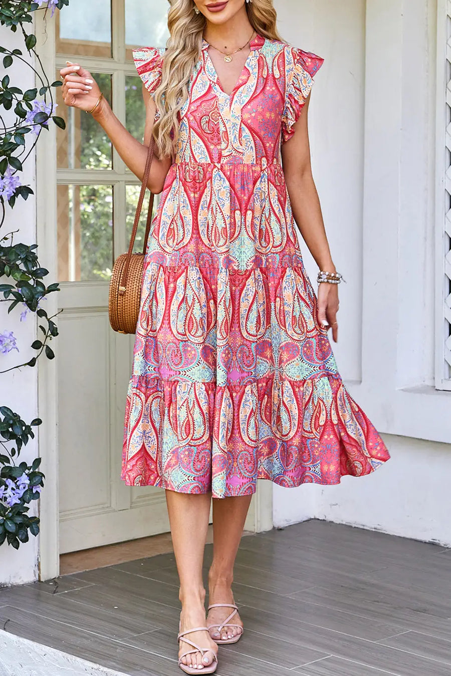Rose Tribal Paisley Ruffled Sleeve Notch Neck Midi Dress Women UK