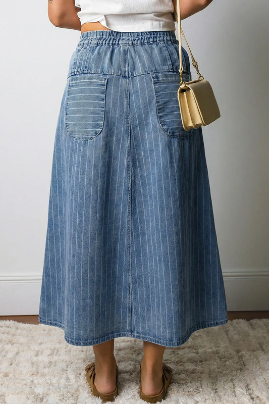 Women's denim midi skirt back view pintuck detail casual summer