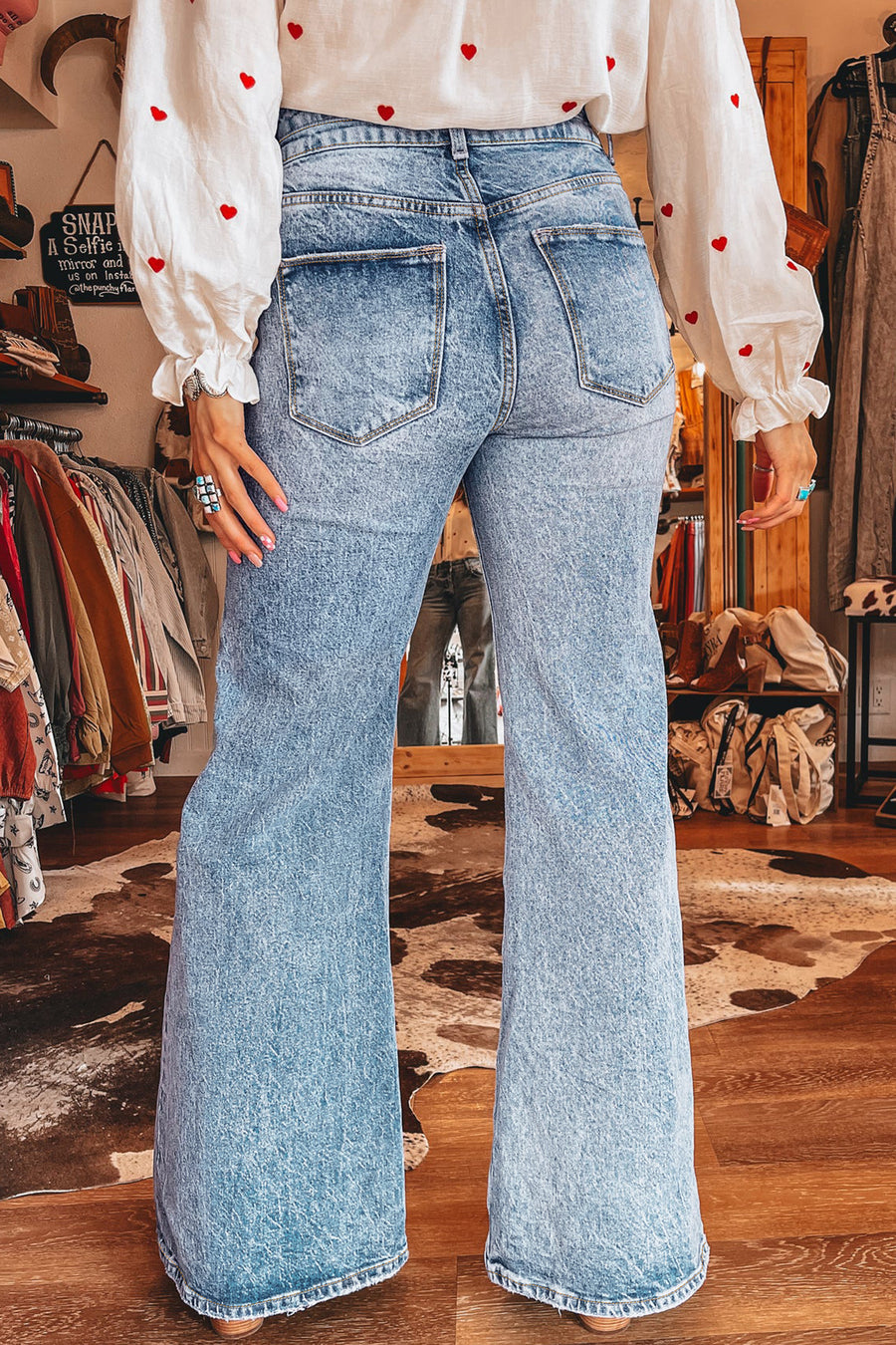 Acid Wash Pocket Detail High Waist Flare Jeans Women UK