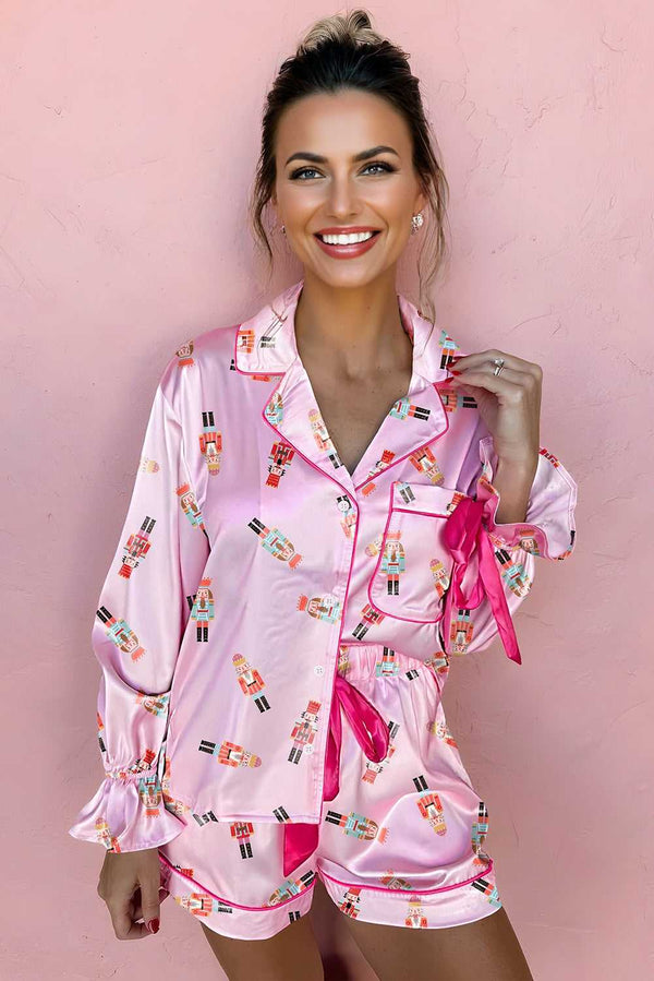 Festive sleepwear in pink satin with Nutcracker print and relaxed fit