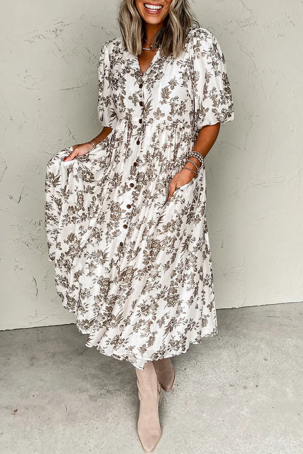 Khaki Floral Puff Sleeve V Neck Buttoned Maxi Dress Women UK