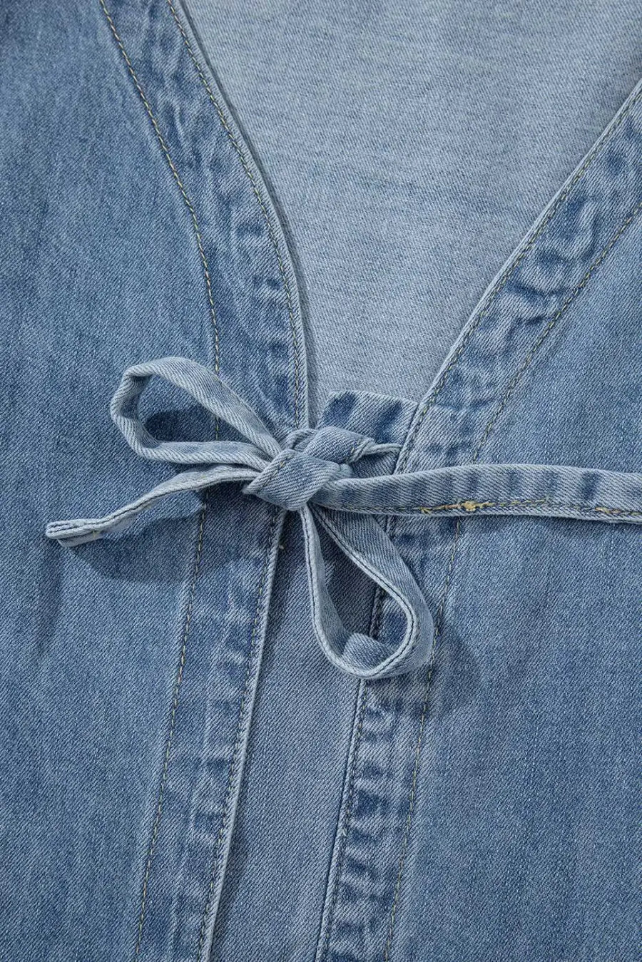 Blue ties puff denim top blouses