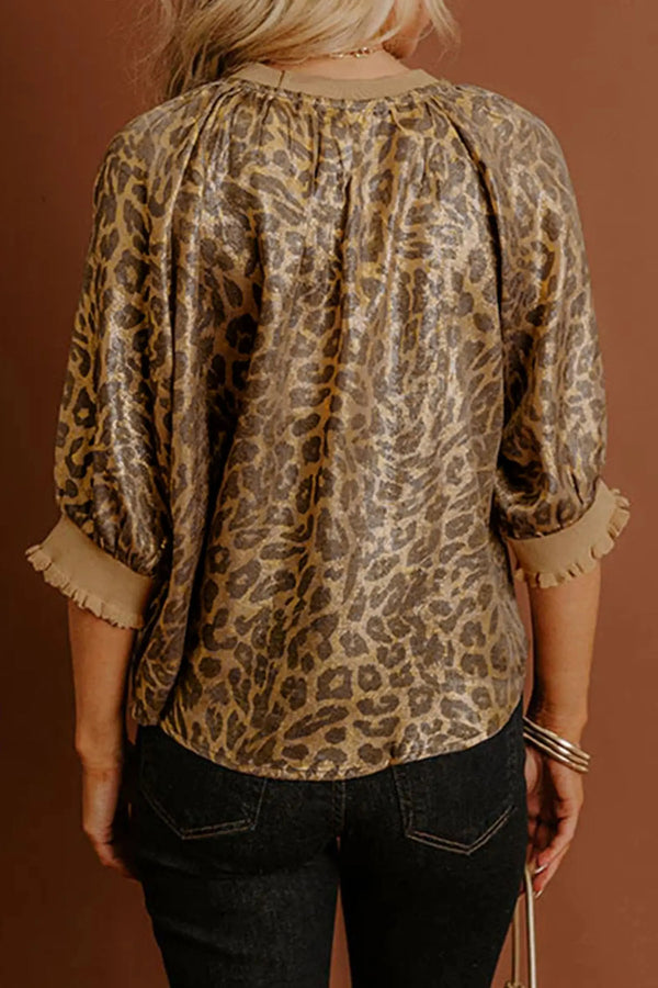 Shimmering metallic leopard print close-up on gold half sleeve blouse | Fashionfitz