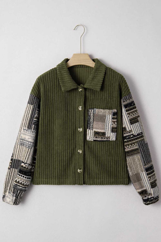 Flat lay of Women's Green Plaid Corduroy Fleece Jacket on hanger, showing button front, plaid sleeves, and chest pocket detail.
