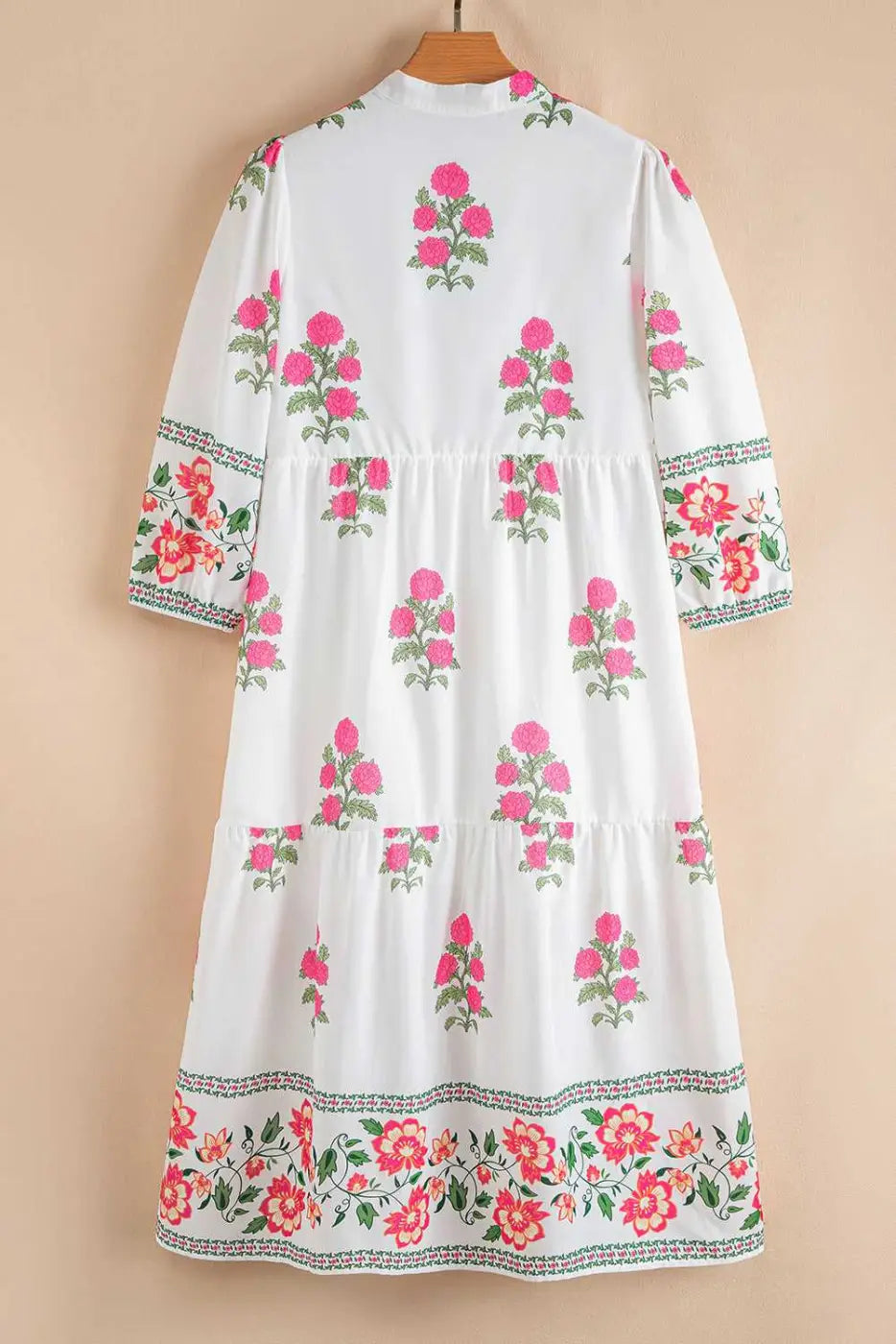 Back view of White Floral Mandarin Maxi Dress showcasing tiered design and pink floral motifs, perfect for Southern Belle style.