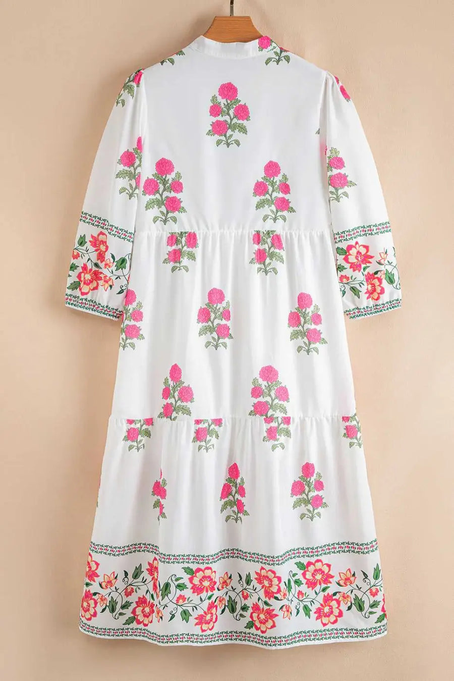 Back view of White Floral Mandarin Maxi Dress showcasing tiered design and pink floral motifs, perfect for Southern Belle style.