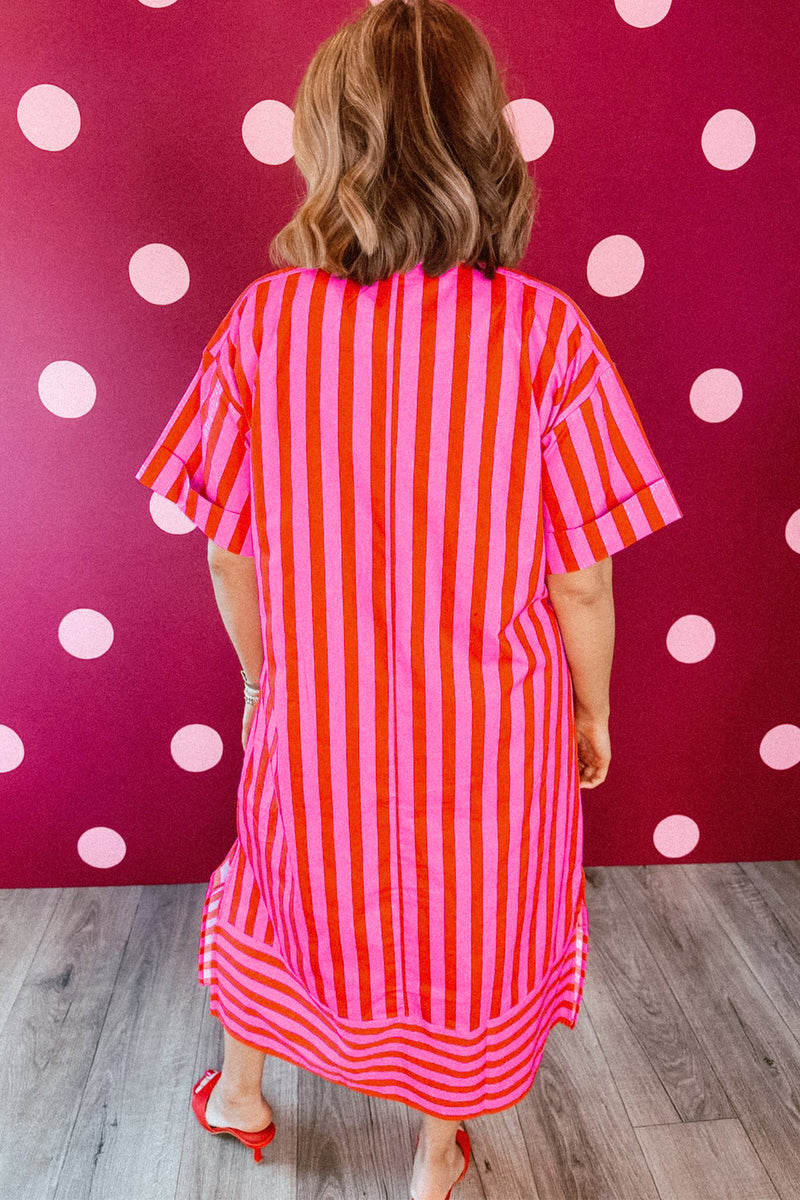 Stripe V Neck Cuffed Short Sleeve Split Midi Dress Women UK