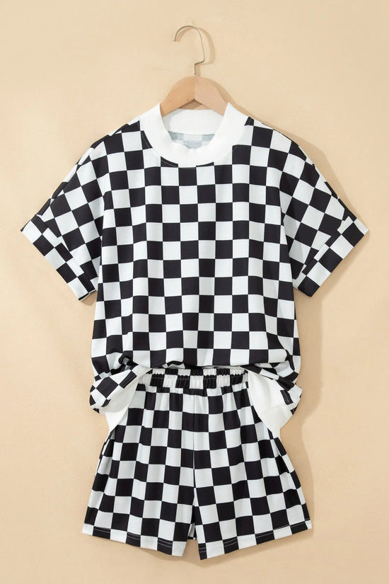 Checkered colour block trim mock neck short set outfit sets