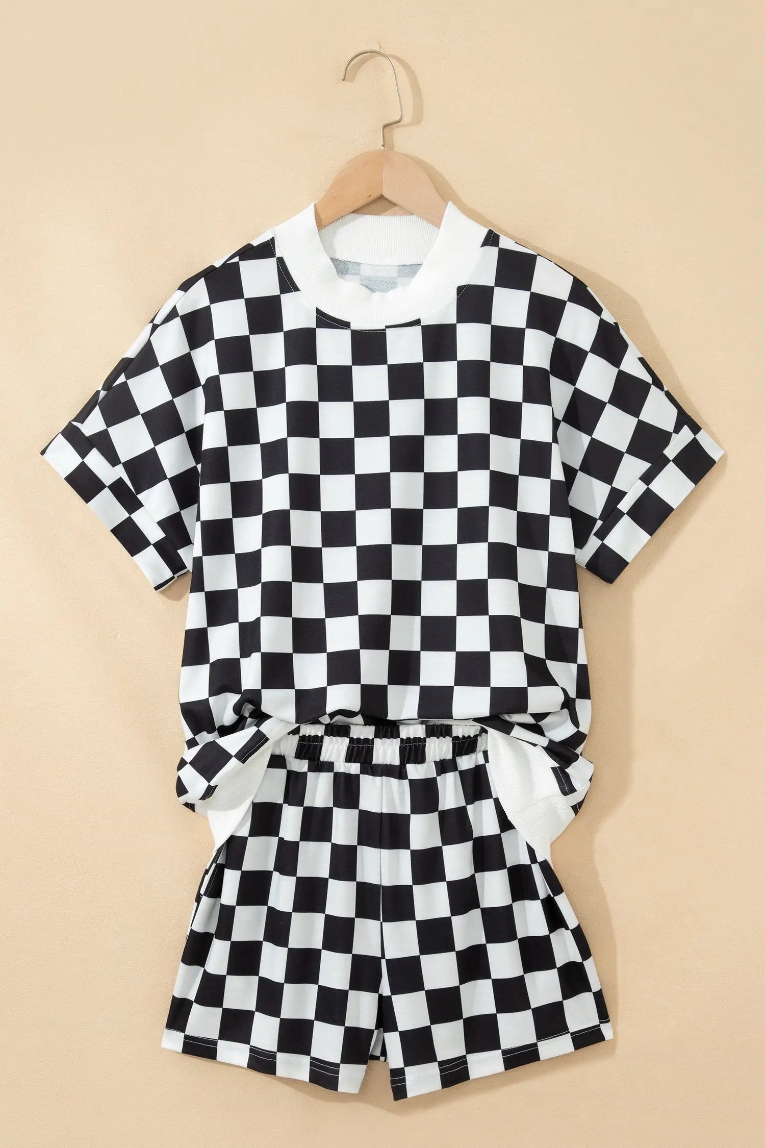 Checkered colour block trim mock neck short set outfit sets