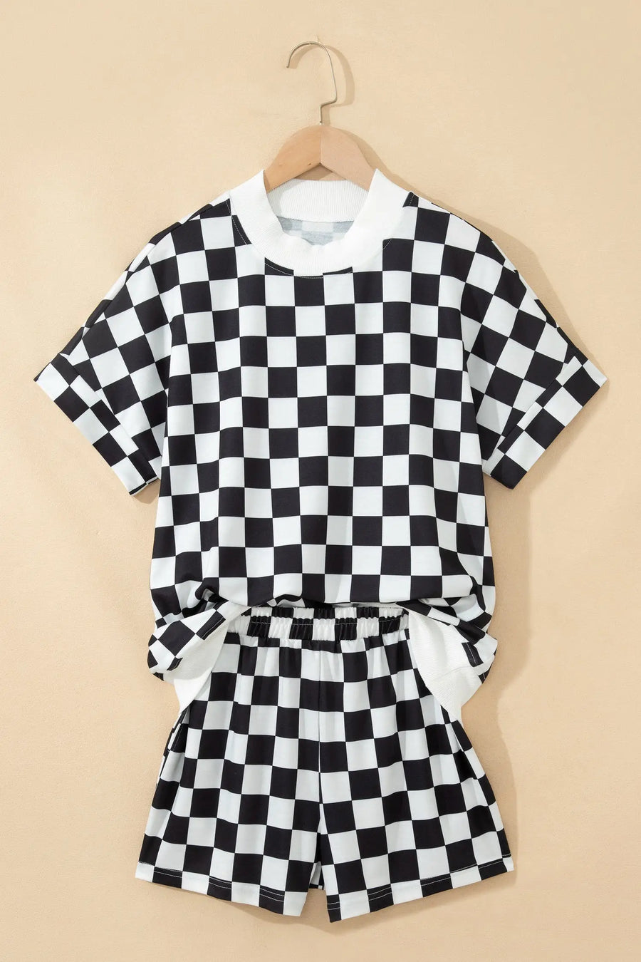 Checkered colour block trim mock neck short set outfit sets