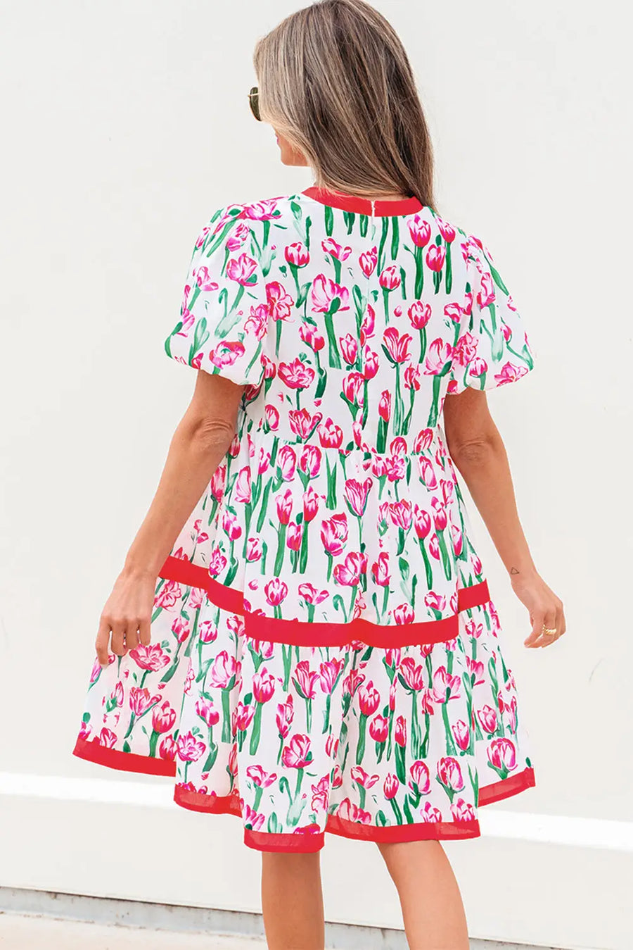 Pink Floral V Neck Bubble Sleeve Babydoll Dress Women UK