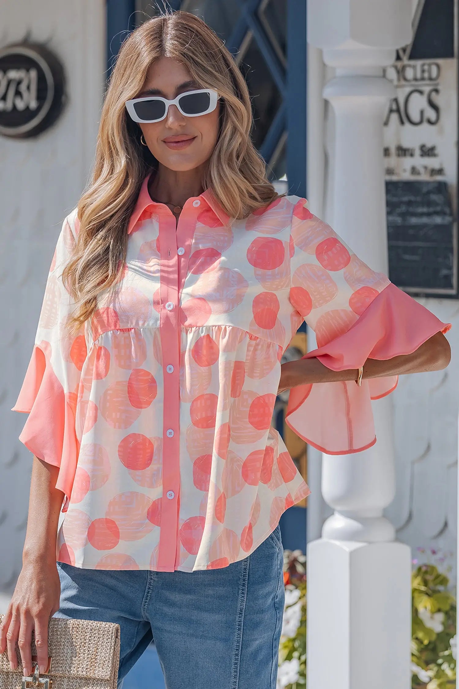 Polka dot ruffle sleeve babydoll shirt button front collar pink shirts