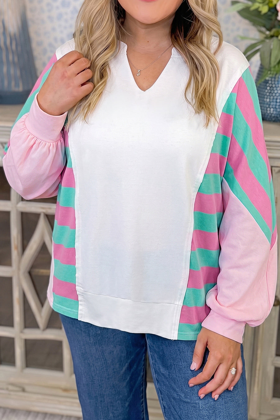 Plus Size Stripe Colorblock Shift Long Sleeve Blouse Women UK
