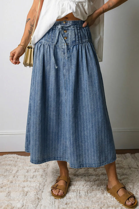 Women's sky blue stripe button pintuck denim midi skirt front view high waist