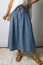 Women's sky blue stripe button pintuck denim midi skirt front view high waist
