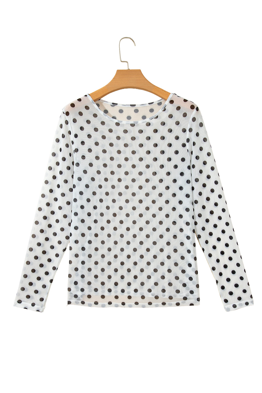 Polka Dot Sheer Mesh Long Sleeve Round Neck Top