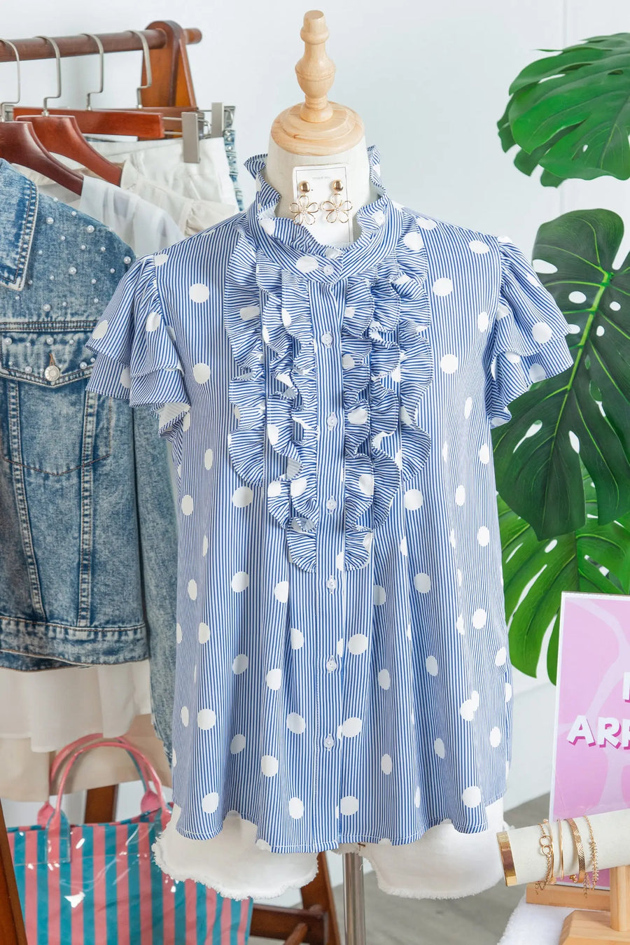 Sky Blue Stripe Contrast Polka Dot Print Pleated Ruffle Sleeve Shirt — angled view | Fashionfitz UK