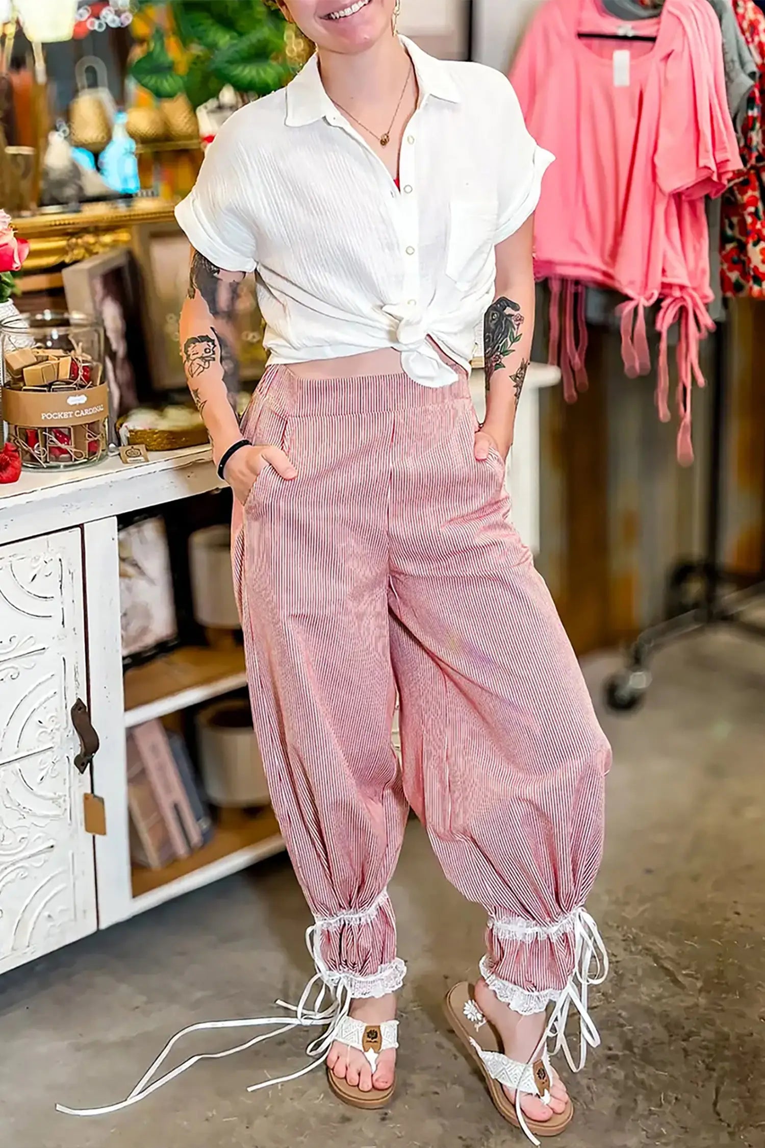 Red stripe contrast lace ribbon tie wide leg trousers