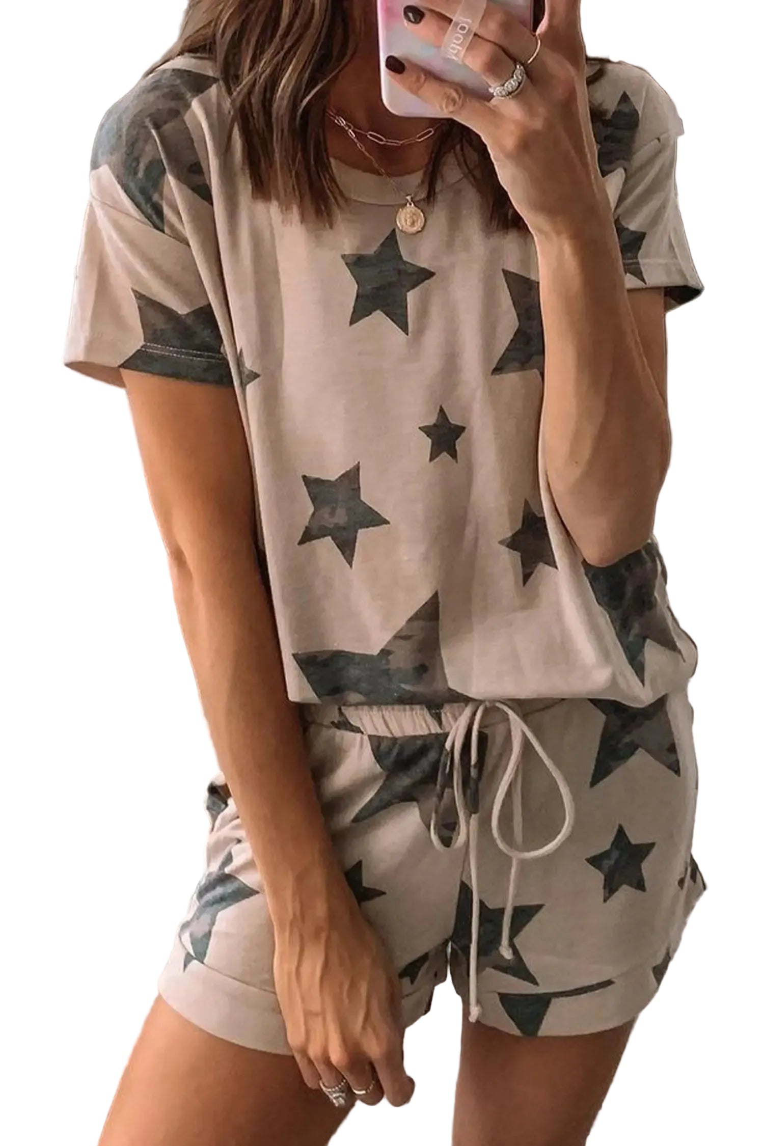 Khaki camo star print short lounge set