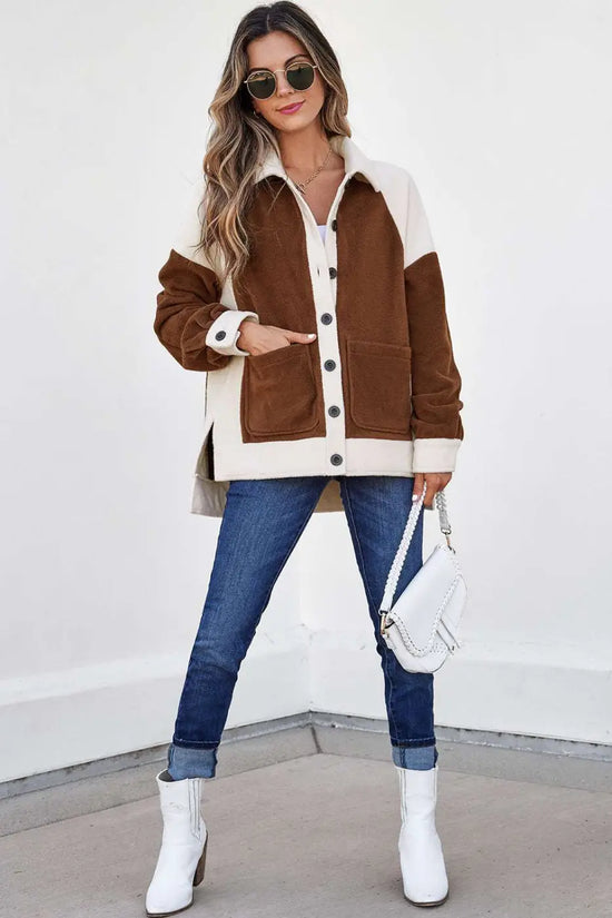 Full body view of model wearing Ladies Brown Panels Fleece Shacket Winter Casual with jeans and white boots, ideal for winter street style.