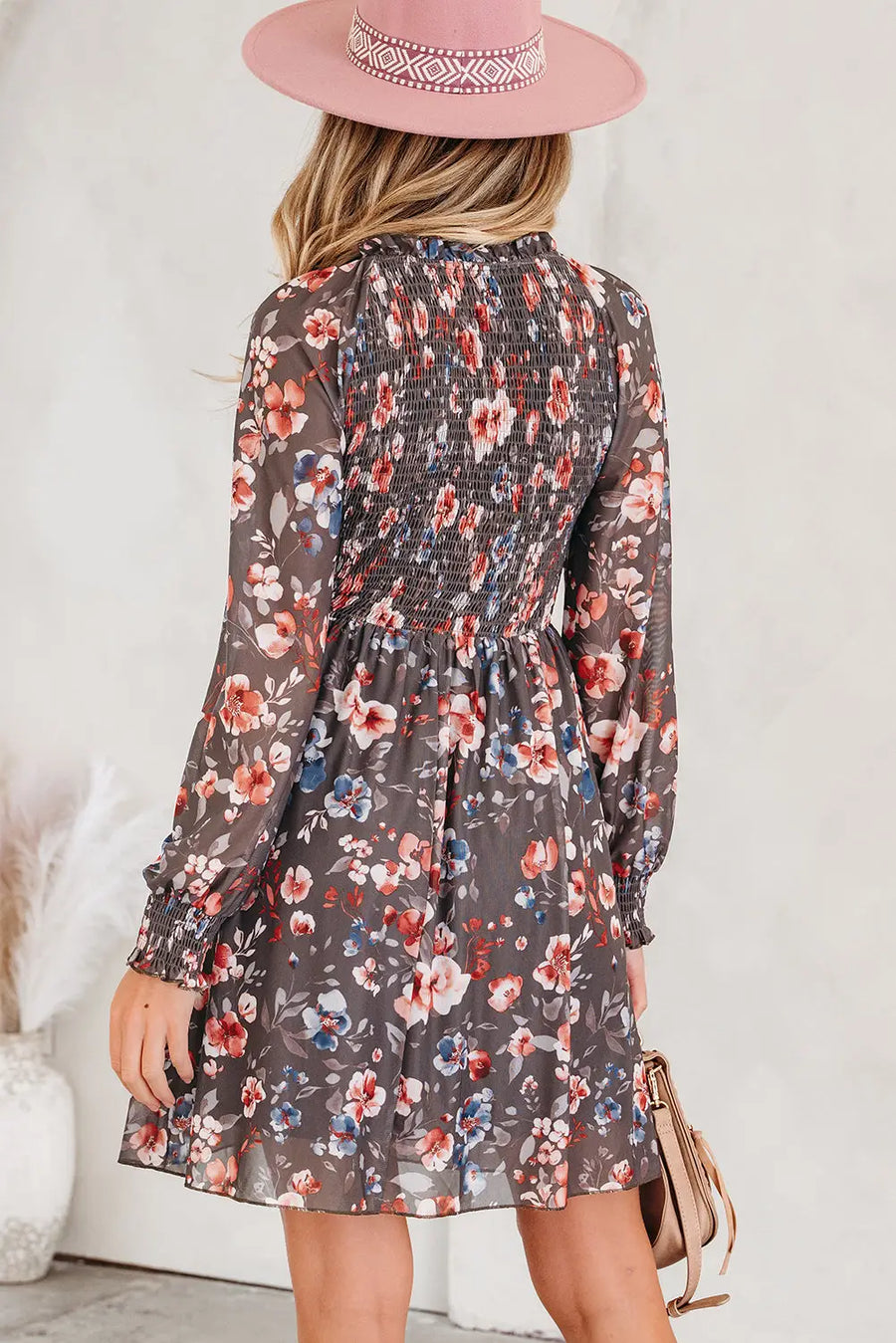 Brown Frilly Smocked Floral Mesh Long Sleeve Mini Dress Women UK