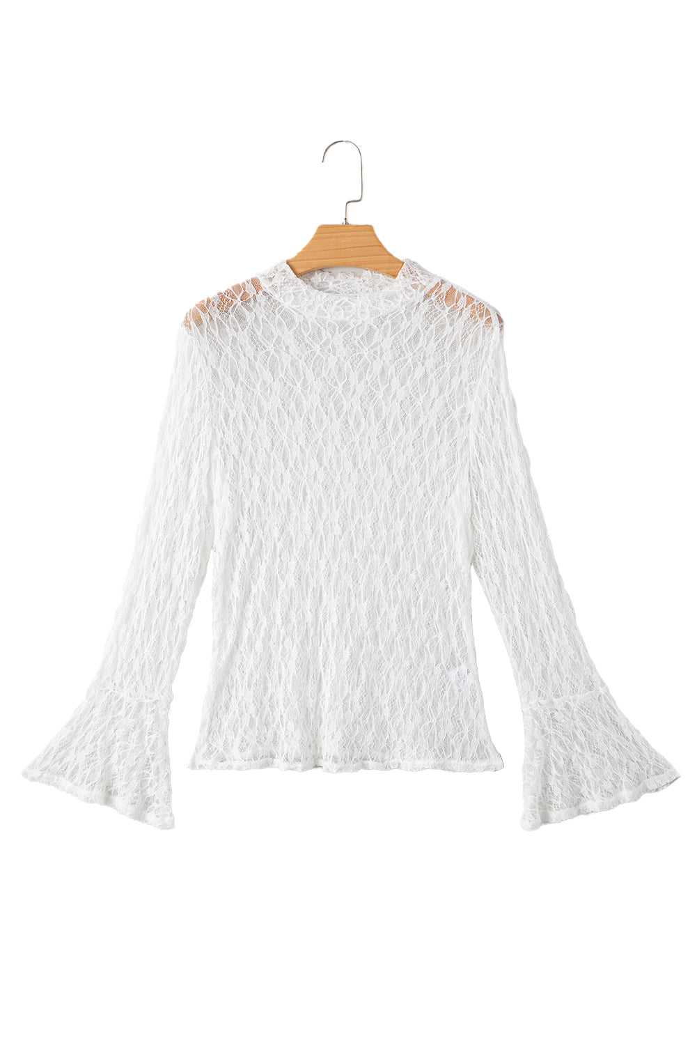 White Sheer Lace Bell Sleeve Blouse