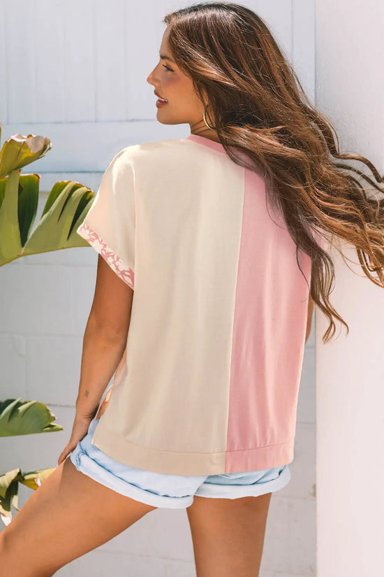Apricot flower patch loose color block tee