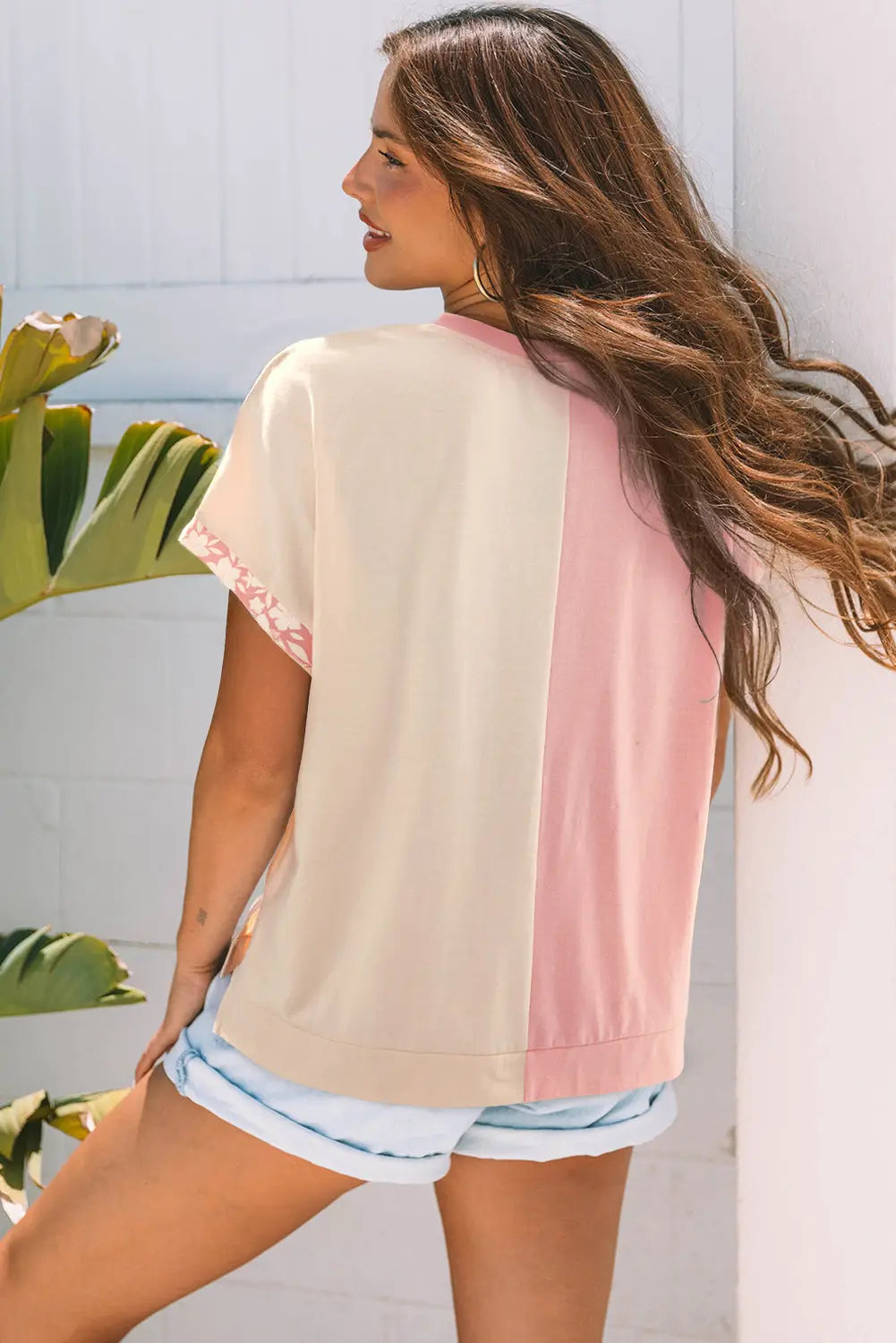 Apricot flower patch loose color block tee