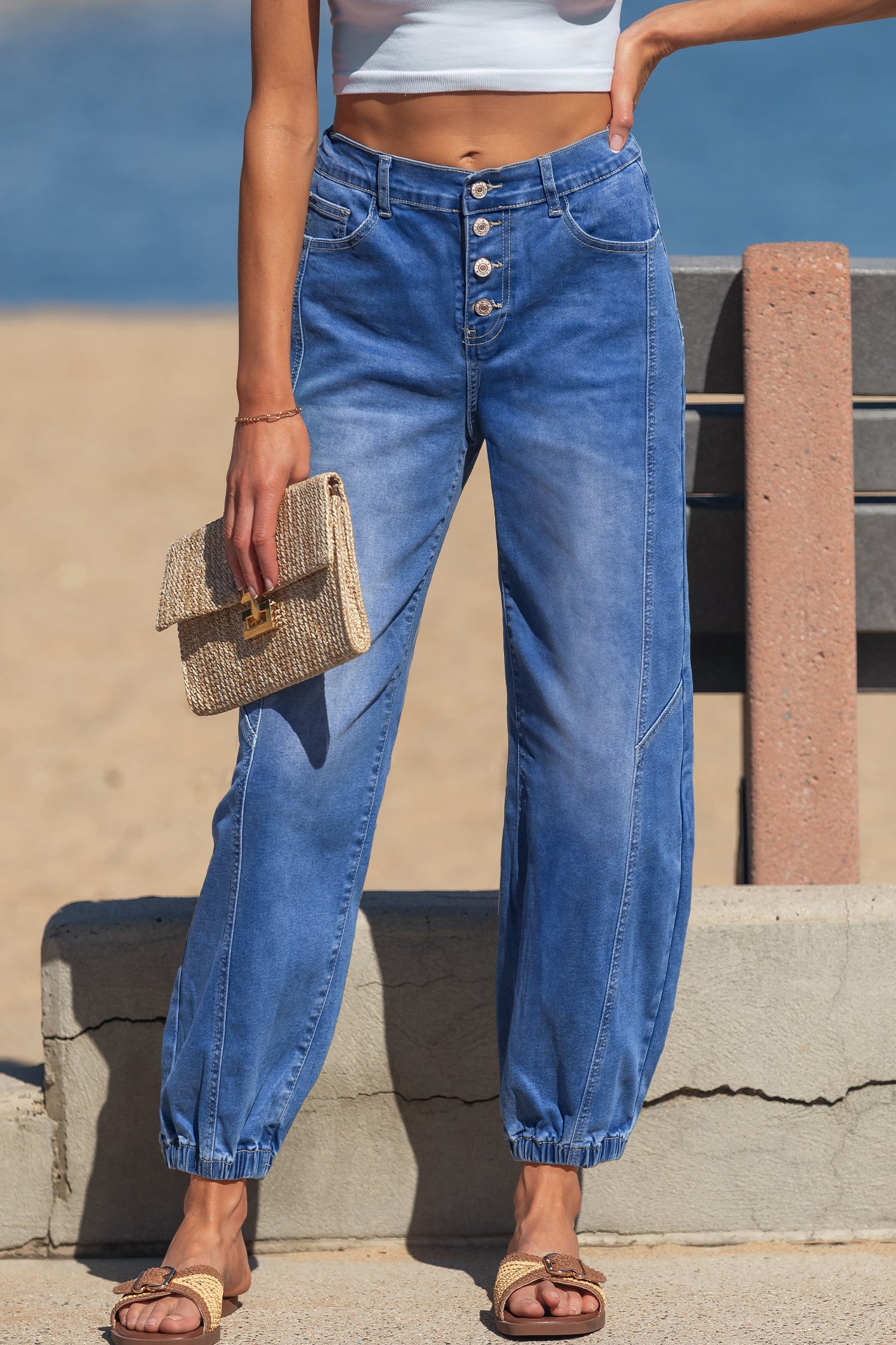 4 Button Front Tapered Leg Elastic Cuff Jeans Women UK