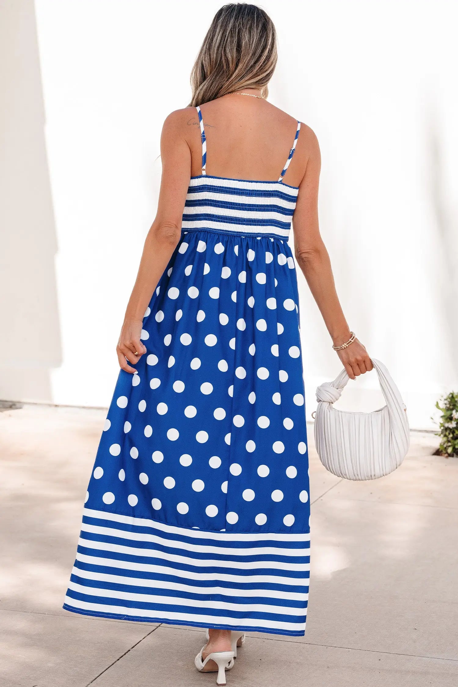 Blue striped polka dot patchwork high waist spaghetti strap maxi dress dresses