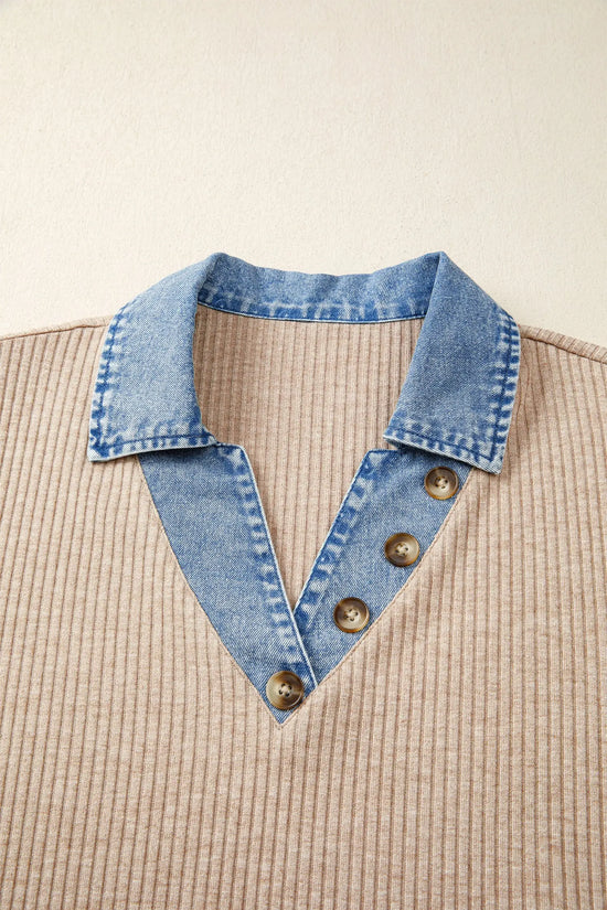 Denim collar and cuffs close-up on beige ribbed knit patchwork blouse | Fashionfitz UK