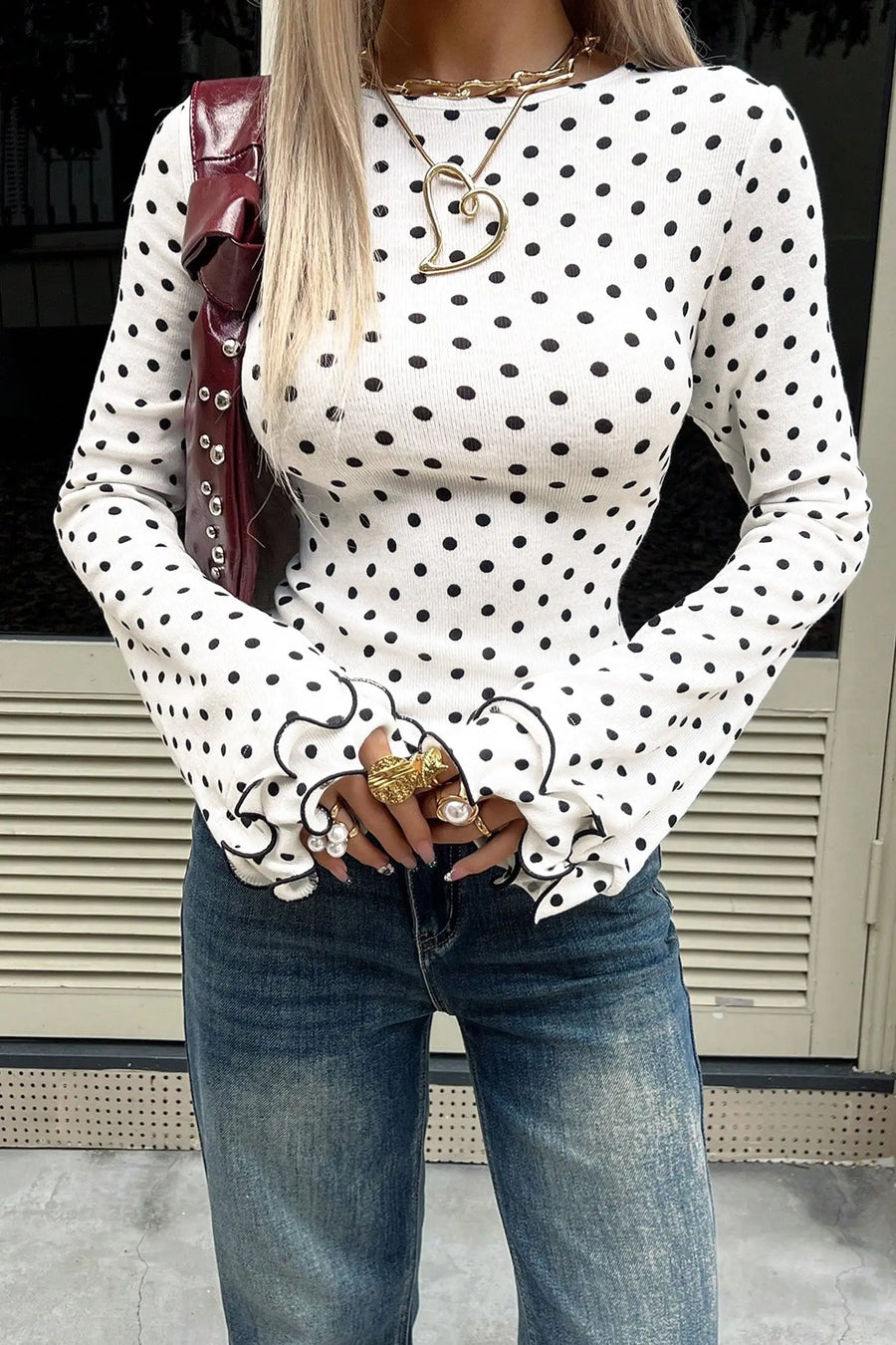 Black Polka Dot Print Lettuce Trim Long Sleeve Top — full length view on model | Fashionfitz UK