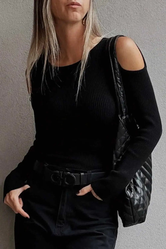 Black cold shoulder sweater - ribbed knit long sleeve top sweaters