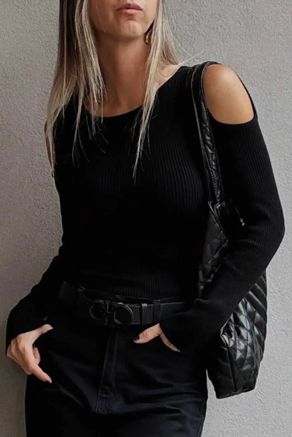 Black cold shoulder sweater - ribbed knit long sleeve top sweaters