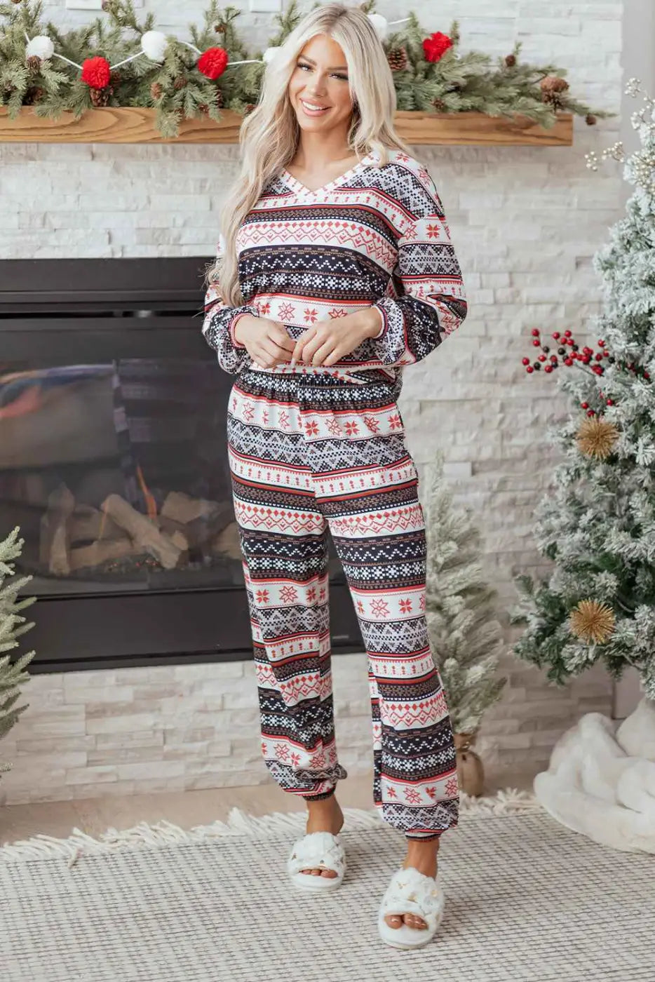 Black christmas retro print lounge set v-neck top high waist pants loungewear