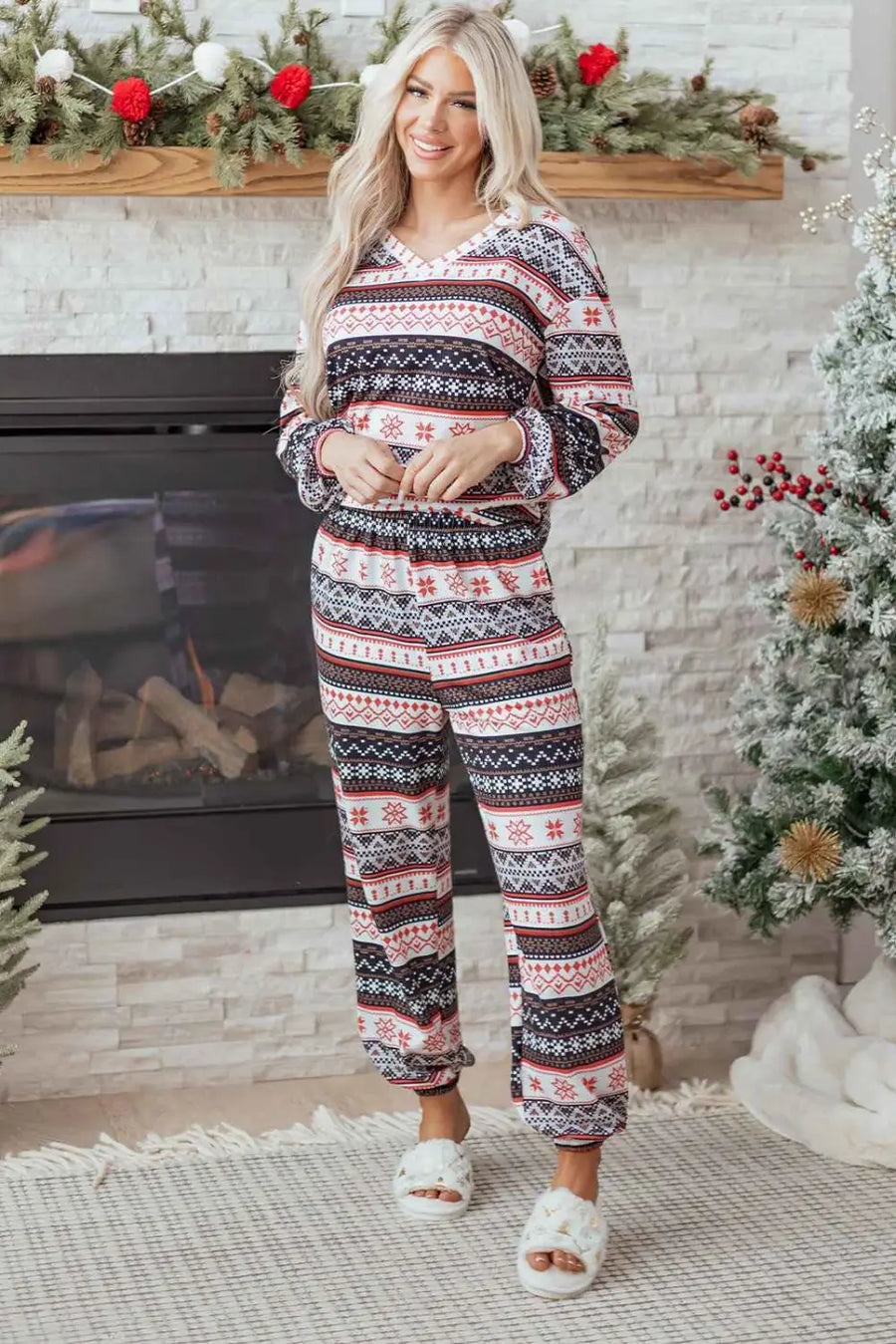 Black christmas retro print lounge set v-neck top high waist pants loungewear